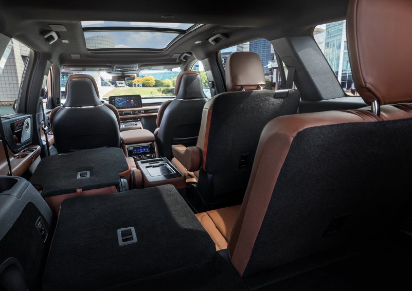 The interior of the 2025 Lincoln Aviator® SUV is shown with two seats folded down for added space. | Steet-Ponte Lincoln in Yorkville NY