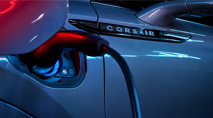 A charger plugged into the charging port of a 2025 Lincoln Corsair® Plug-in Hybrid model. | Steet-Ponte Lincoln in Yorkville NY